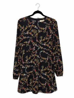 LOFT Black Floral Long-Sleeve Swing Dress